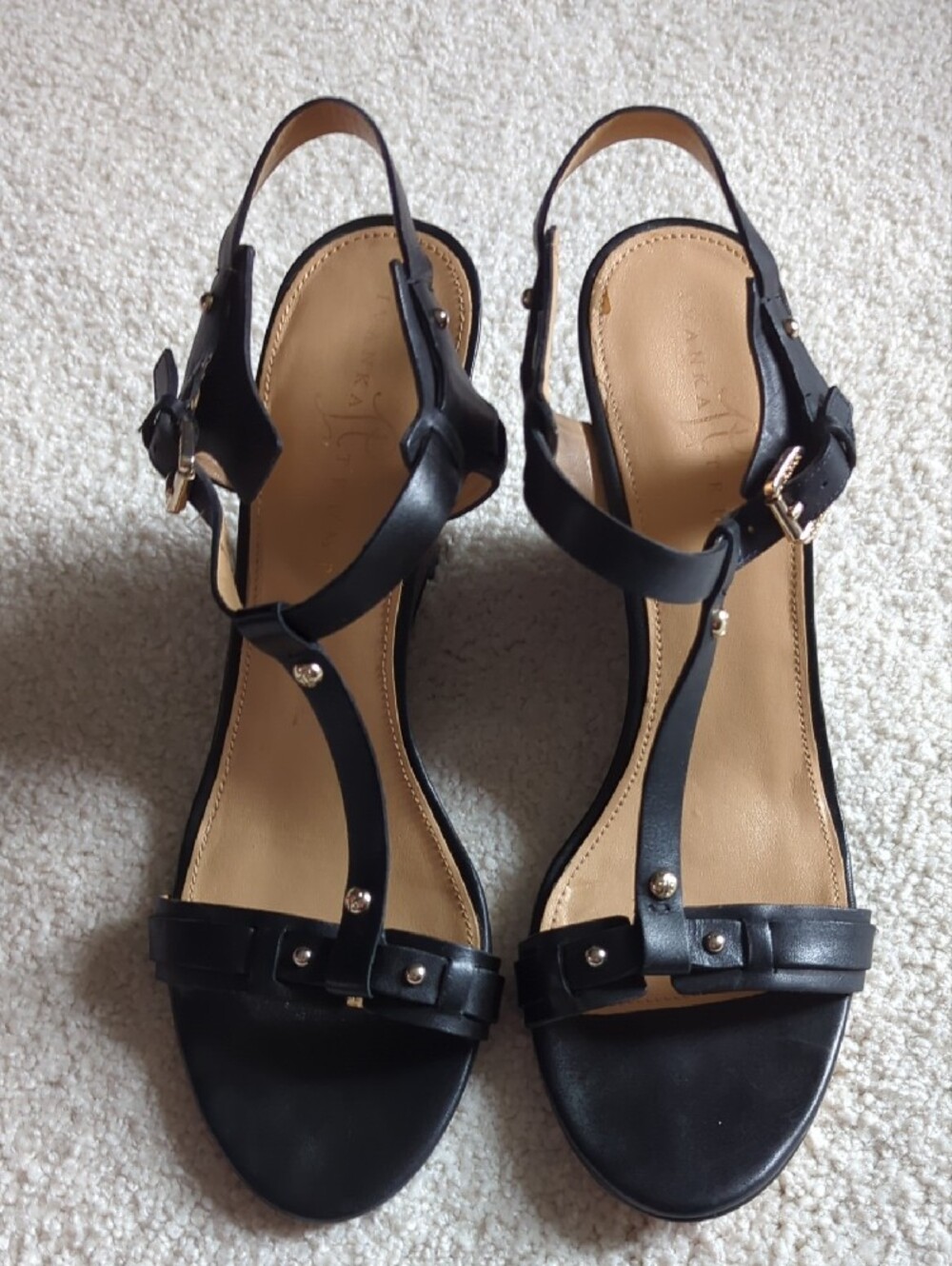 Ivanka Trump Black Leather T-Strap Wedge Sandals with Brown Woodgrain Heel - Picture 2 of 16